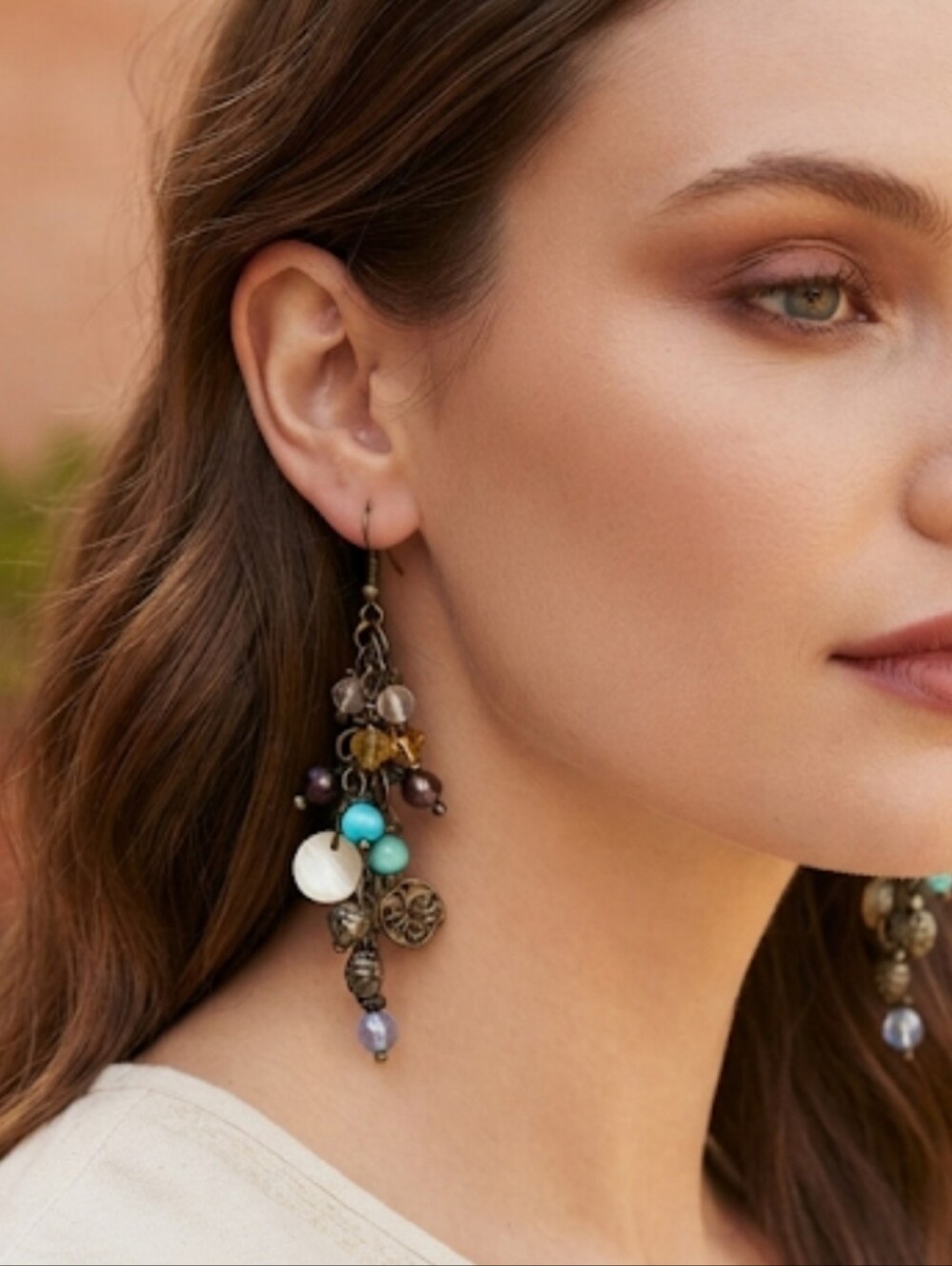 Rustic Boho Bead & Metal  Dangle Pierced Earrings In Blue & Tan